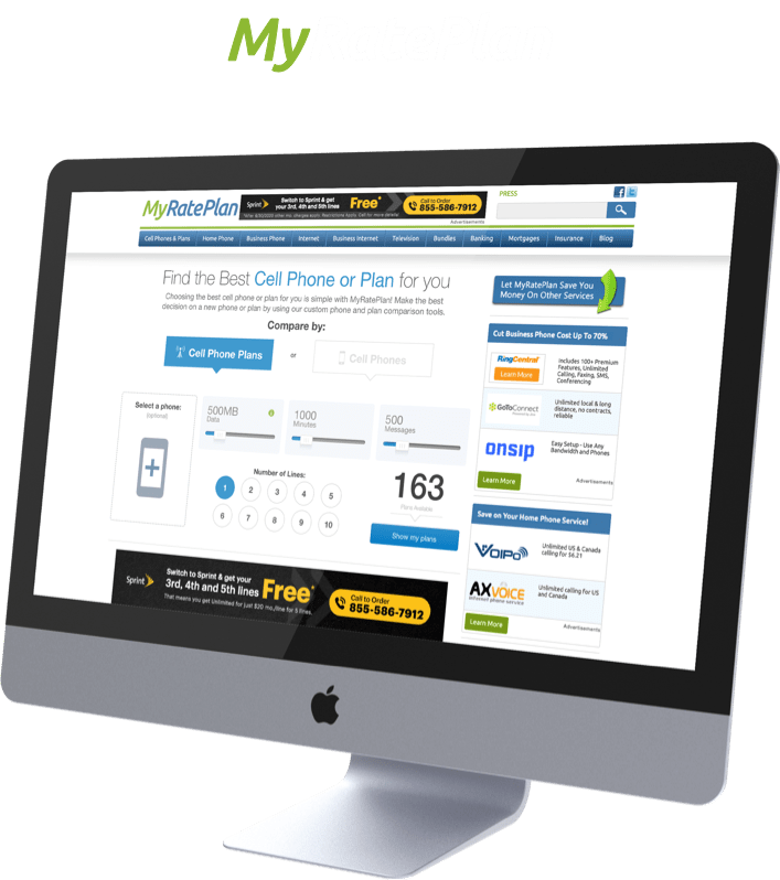The MyRatePlan Homepage displayed on an iMac with the MyRatePlan Logo above