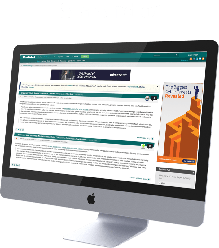 The Slashdot Homepage display on an iMac with the Slashdot Logo above