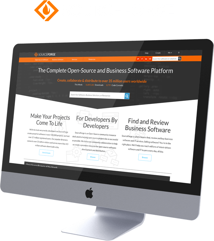 The SourceForge Homepage display on an iMac with the SourceForge Logo above