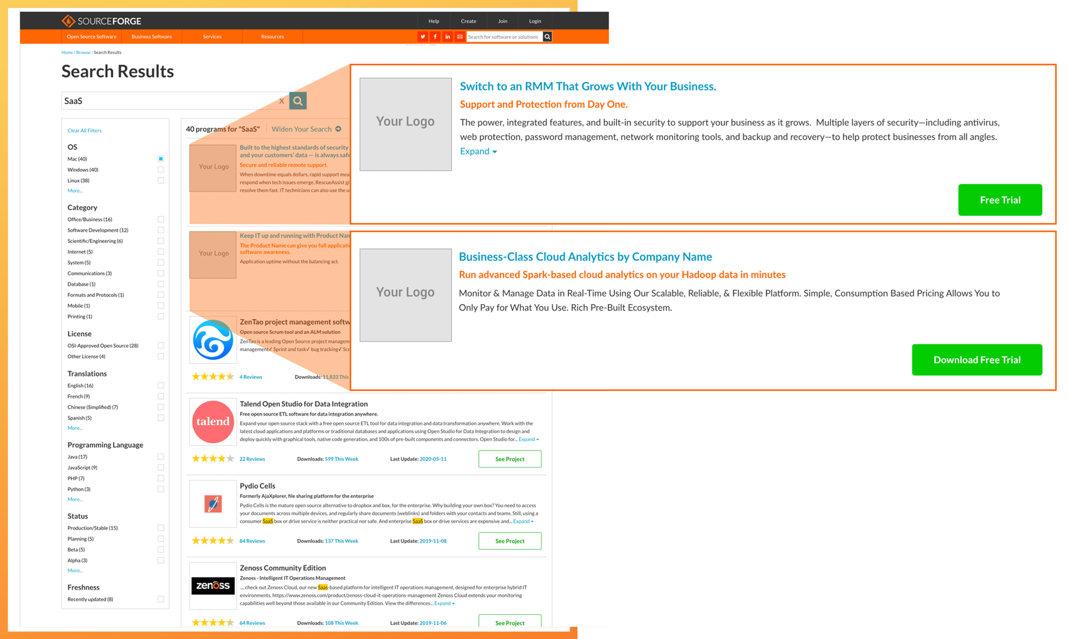 SourceForge Native Ad Listings example