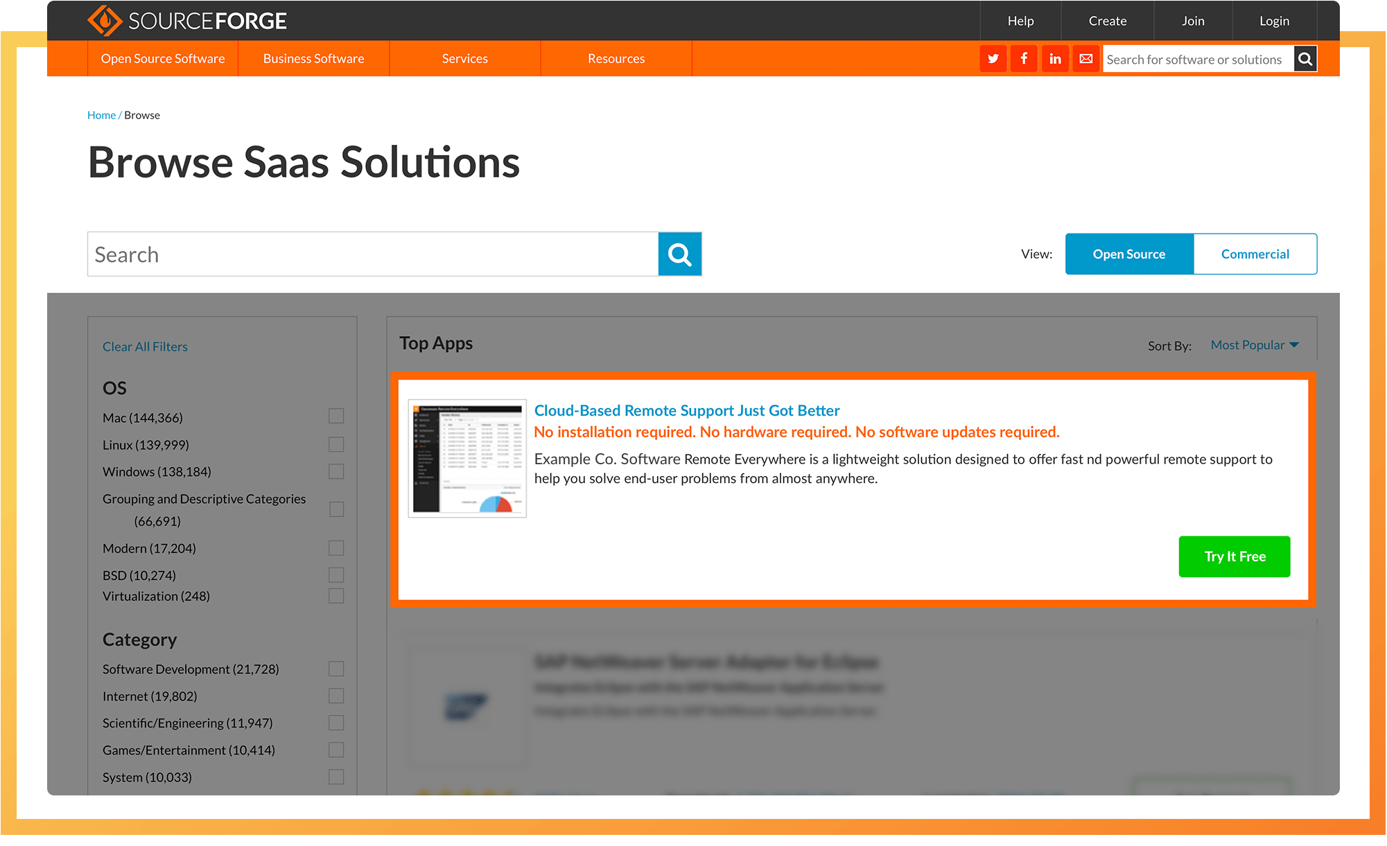 SourceForge Native Ad Listing example
