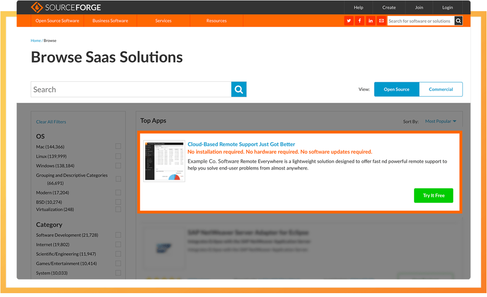 SourceForge Native Ad Listings example