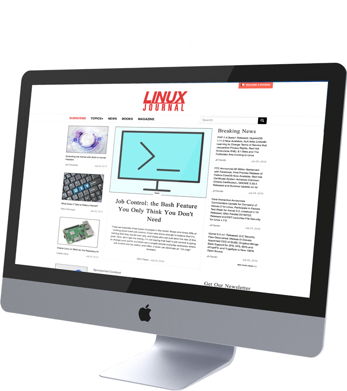 The Linux Journal Homepage displayed on an iMac with the Linux Journal Logo above