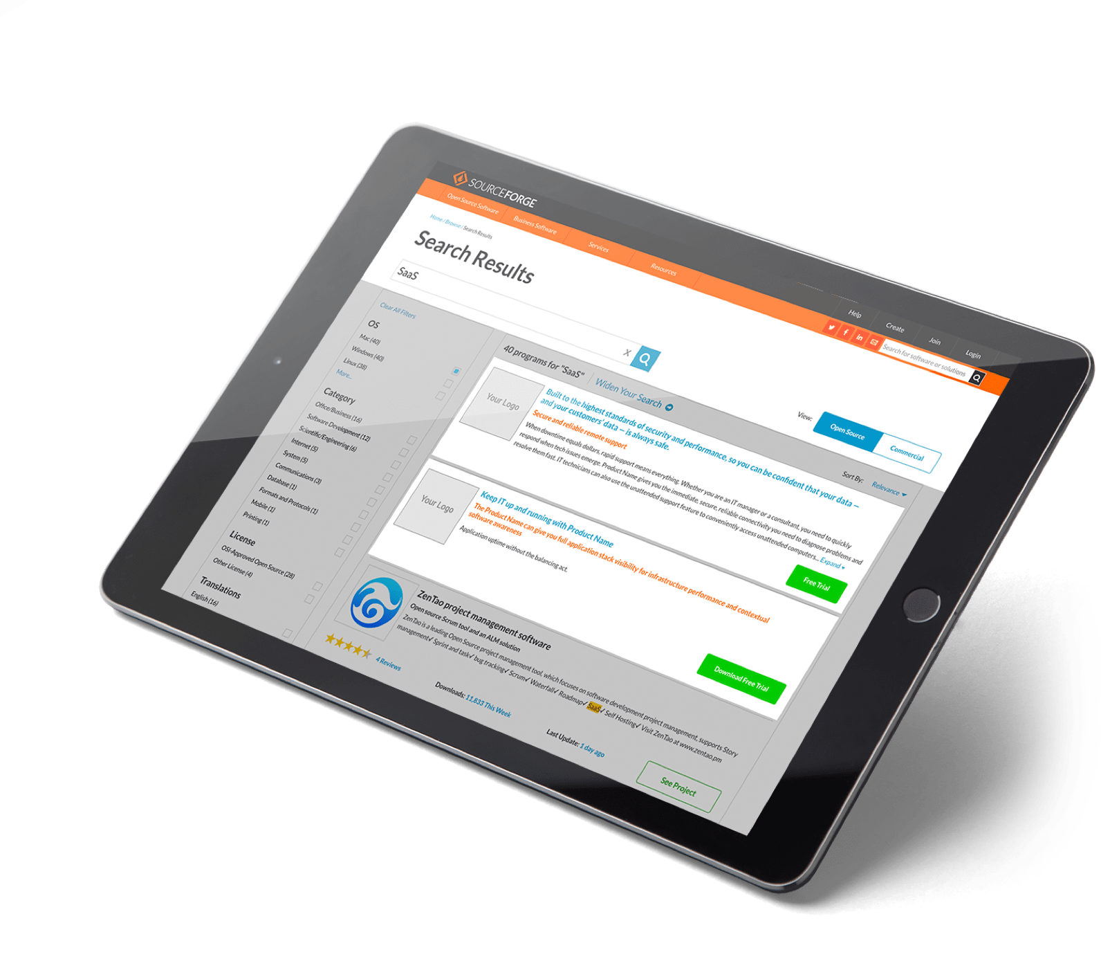SourceForge Native Ad Listings example displayed on an iPad